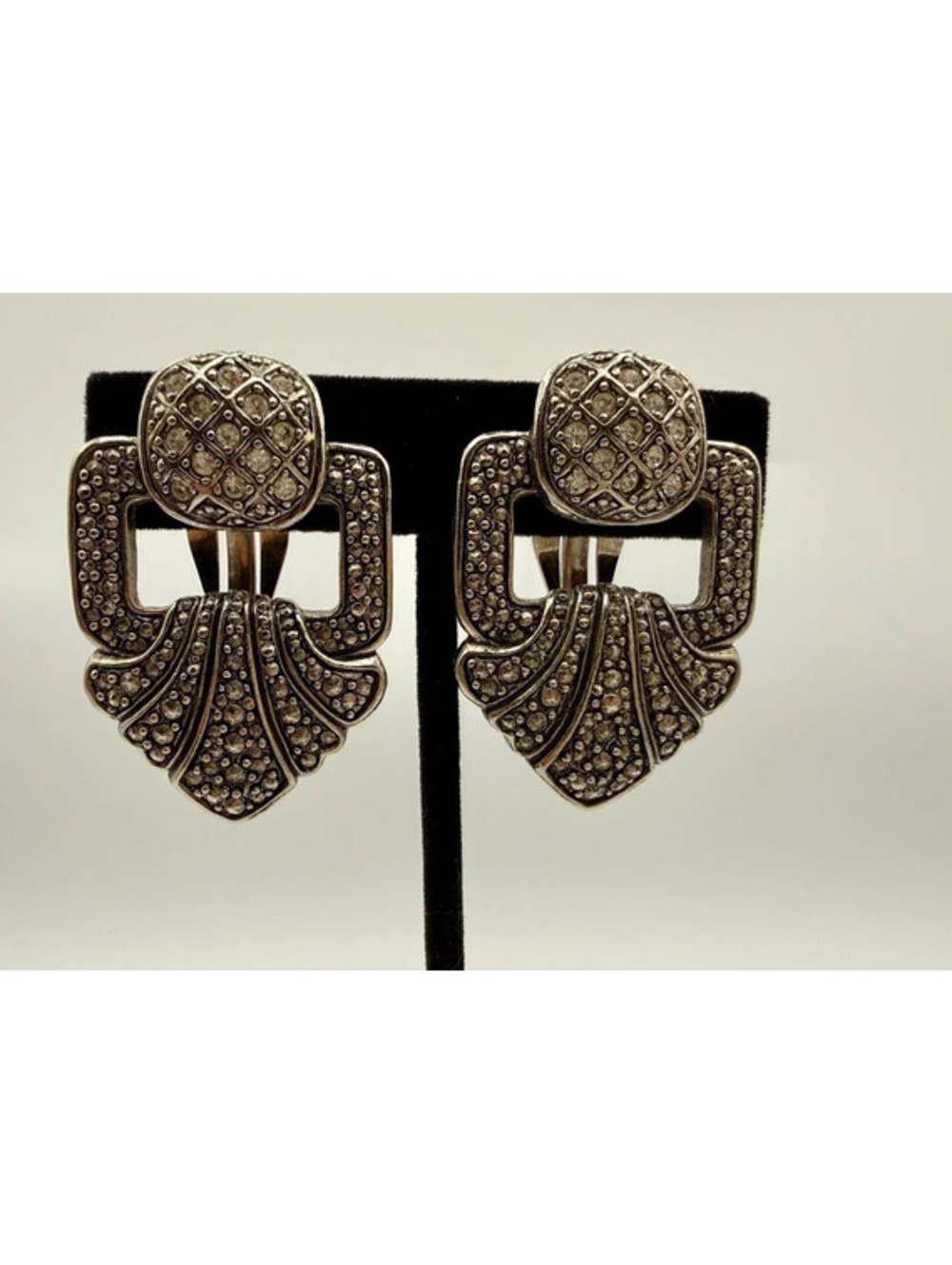 Vintage Art Deco Revival Silver Tone Rhinestone Clip On Earrings